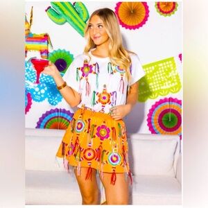 QUEEN OF SPARKLES Orange Embroidered Fringe Mini Skirt